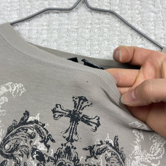 Y2K Burnside Men Shirt L Grey Affliction Goth Grunge Cross Wings Skater - Picture 15 of 15